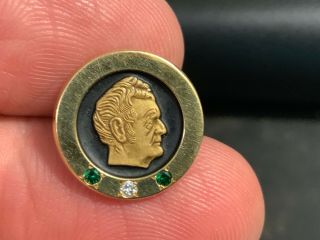 Gorgeous Diamond And 2 Emerald Face 10k Gold Service Award Pin.