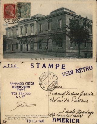 Italy 1930 San Vito Sardo - Palazzo Municipale Philatelic Cof Postcard Vintage