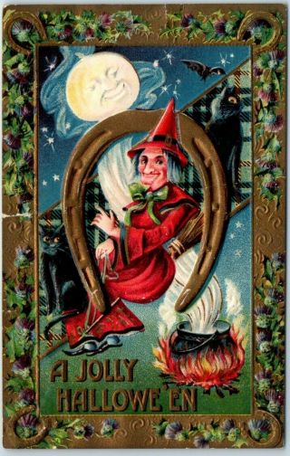 Vintage Halloween Embossed Postcard Red Witch Horseshoe Black Cat Creased