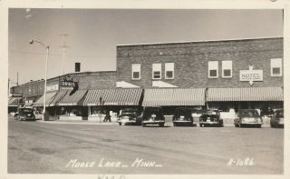 Postcard Rppc Moose Lake Minn Drugstore Hotel Cars Ca 1953 Street View