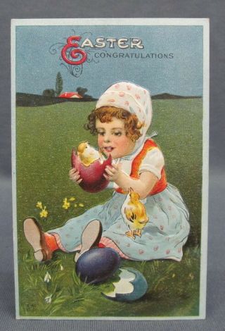 Antique Easter Postcard Congratulations Farm Girl Playing Newly Hatched Chicks