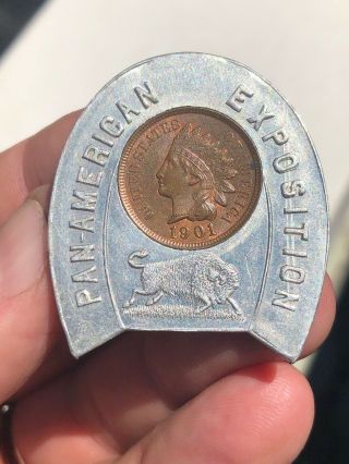 Rare 1901 Pan American Exposition Buffalo Worlds Fair Encased Coin Lucky Penny