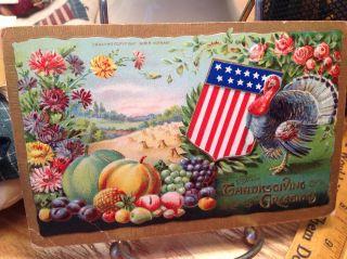 Vintage Patriotic Thanksgiving Postcard Turkey Standing By Fruit,  Flowers