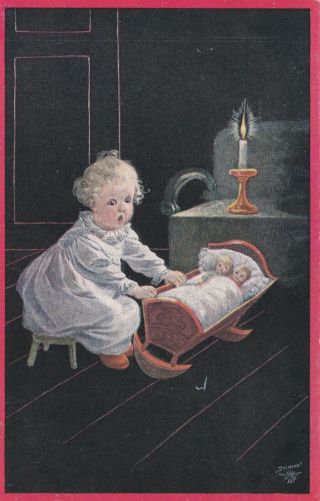 W.  Fialkowska.  Little Girl Rocks Her Dolls In A Cradle