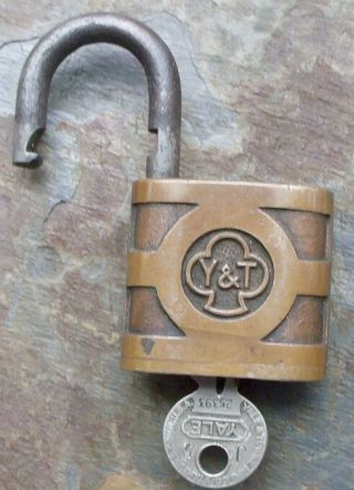 Y & T Antique Solid Bronze & Steel Yale & Towne Padlock & Key