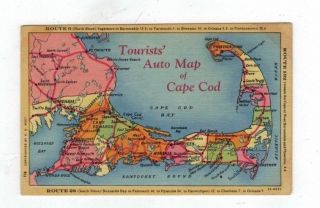 Ma Cape Cod Massachusetts Antique Linen Post Card Tourists Auto Map Of Cape Cod