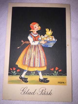 Vintage Scandinavian Swedish Easter Mini Postcard Girl Baby Chick Eggs Glad Pask