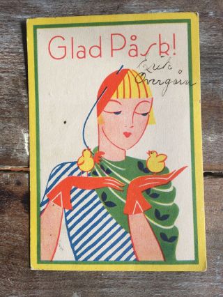 Vintage Art Deco Nouveau Swedish Easter Mini Postcard Baby Chick Woman Glad Pask