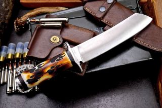 CFK Handmade D2 Custom WOLF PAW TRACKS Scrimshaw Bone Art Cleaver Bowie Knife 4