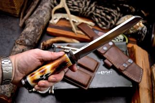 CFK Handmade D2 Custom WOLF PAW TRACKS Scrimshaw Bone Art Cleaver Bowie Knife 6