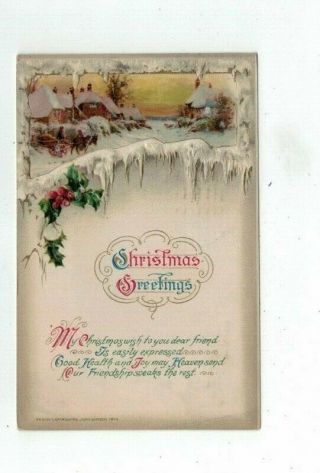 Antique 1914 Winsch Christmas Post Card Sunset Village Snow Holly Ivy Gold Foil