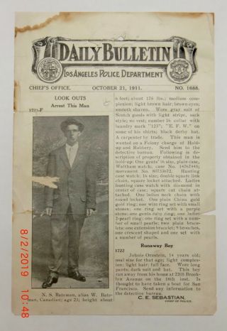 1911 Los Angeles Police Dept.  Daily Bulletin Wanted Poster 9 " X 6 "