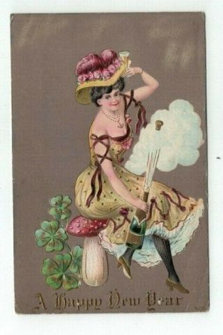 Antique Years Embossed Post Card Fancy Lady With Champagne