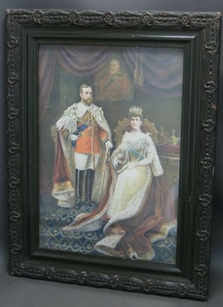 Vintage Ornate Wooden Picture Frame With Print Of King George V & Queen Mary