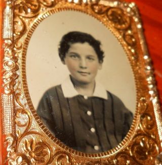 Antique 1/9th Plate Tintype Photo Of Young Boy In Brass Frame