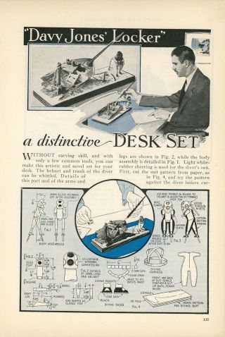 1933 How To Build Deep Sea Diver Desk Set Pen Holder Nautical Shipwreck