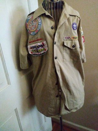 Mens Boy Scouts Bsa Beige Uniform Shirt Scoutmaster Patches M Medium Rn21328