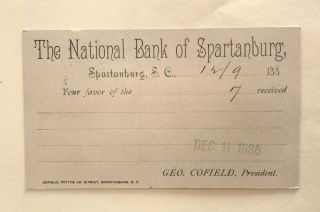 1886 Postcard National Bank Of Spartanburg Postmarked Spartanburgh Courthouse Sc