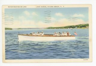 Motor Boat On Lake Oneida—sylvan Beach Ny Vintage Linen Flag Pc 1935