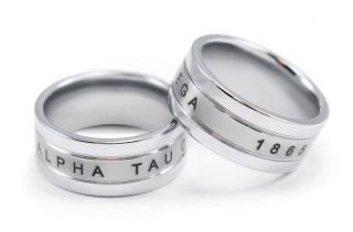 Alpha Tau Omega Tungsten Ring With Laser Etched Letters And Year 1865