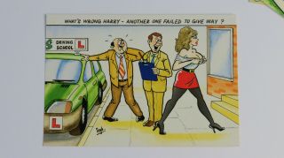 Vintage Risque Comic Postcard Driving Test Learner Driver Big Boobs Stockings