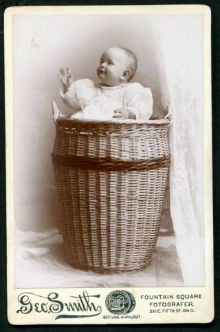RARE ANTIQUE CABINET PHOTO of BABY in BASKET ID ' d GORDON SEE by GEO.  SMITH 2