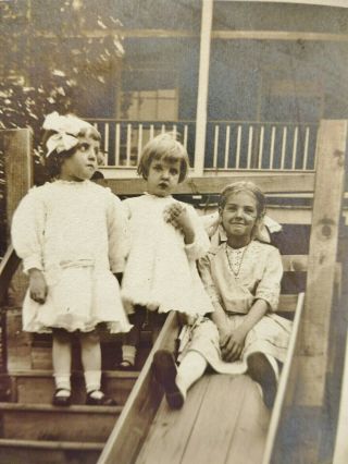 Rppc 3 Cute Little Girls Have Fun On Wooden Slide Antique Real Photo Postcard