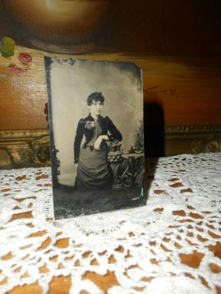 Antique Tintype Photo Pretty Woman,  Corsage,  Curls,  Fancy Dress,  Buttons,  Tinted