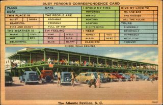 Busy Person Card Atlantic Pavilion South Carolina Vintage Car 1930 - 40s Postcard