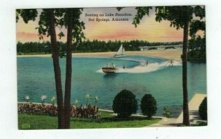 Ar Hot Springs Arkansas Antique Linen Post Card Boating On Lake Hamilton