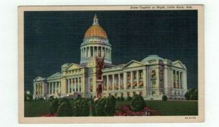 Ar Little Rock Arkansas Antique Linen 1944 Post Card State Capitol At Night