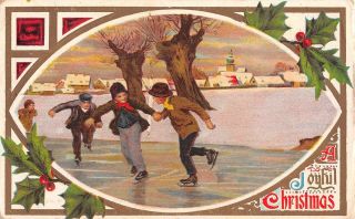 Boys Ice - Skating On Pond - 1909 Christmas Postcard - Holly