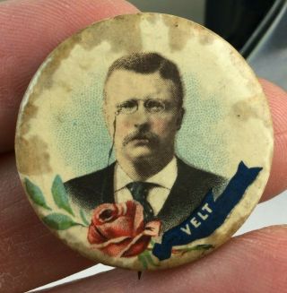 Rare 1904 " Rose Velt " Theodore Roosevelt 1 1/4 " Pinback Celluloid Button Pin