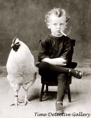 Boy Smoking A Cigarette With A Chicken - Circa 1900 - Historic Photo Print