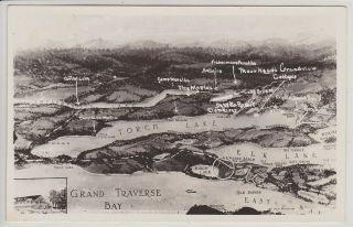 Map Of Michigan Grand Travers Bay And Lakes,  Vintage Real Photo Postcard