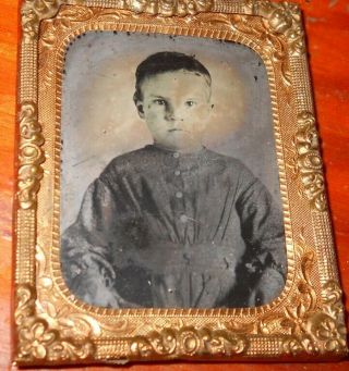 1/9th Plate Ruby Ambrotype Of Young Boy In Brass Frame