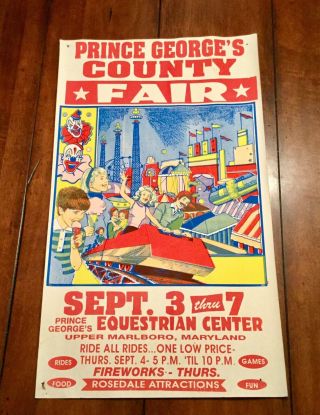 Vintage Carnival Ride Poster Sign Maryland Fair Prince George’s County Old