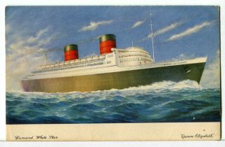 1960 - Rms Queen Elizabeth Underway,  Cunard White Star Line Ocean Liner Postcard