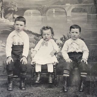 Antique American Two Young Brothers & Sister Kids Tintype Photo Photograph