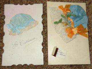 2 Old Vintage Antique French Postcards Small Hats Attached Bonnets Wedding Baby?