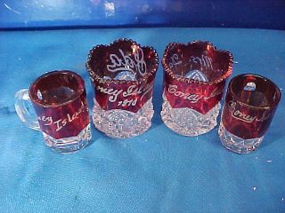4 Early 20thc Coney Island Souvenir Ruby Glass Toothpick Holders,  Mugs