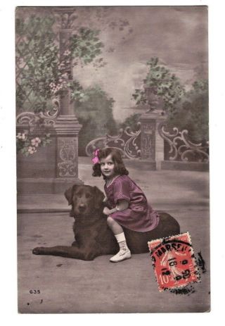 Mb8559 Lovely Victorian Girl Sitting On Her Big Black Labrador Dog Rppc