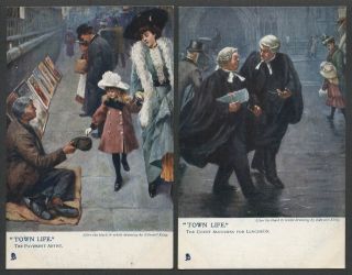 Two C.  1908 - 10 Raphael Tuck Postcards Town Life Pavement Artist,  Court Adjourns