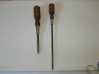 Vintage Wood Handle Screwdrivers Set Of 2,  1 Fine Blade 11 5/8,  1 Larger 8 5/8
