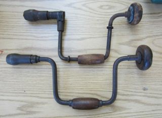 2 Vintage Antique Hand Auger Wood Drill Wooden Handle Tool