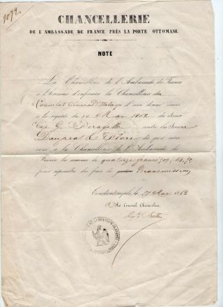 17/5/1862 Constantinople - Letter Of French Ambassador To His Italian Colleague