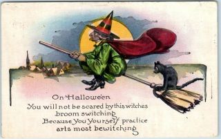Vintage 1928 Halloween Postcard Green Witch Flying Broom Black Cat Series 363