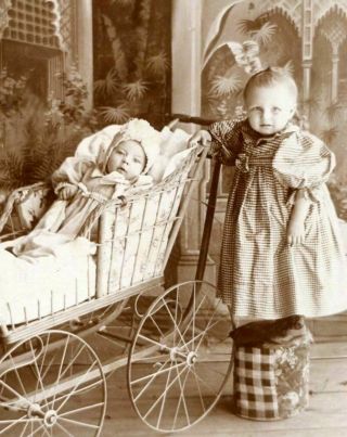 Antique Cabinet Photo Baby In Pram Carriage & Sweet Lil Girl By Borlaug Of Il