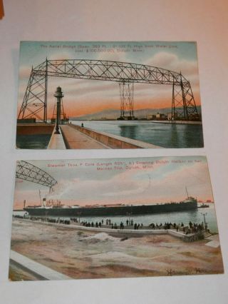 Duluth Mn - 2 Rare Old Postcards - Aerial Bridge - Steamer Thos.  F.  Cole