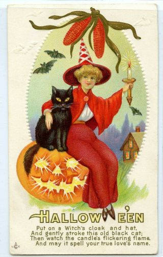 Halloween Postcard Witch Black Cat & Jack O Lantern 1914
